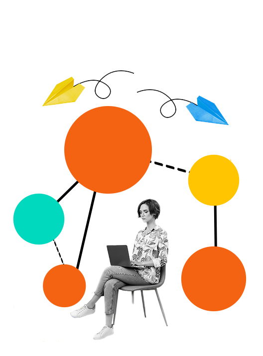 Laptop user with abstract network circles, illustrating collaboration and engagement by a content marketing agency in Singapore.