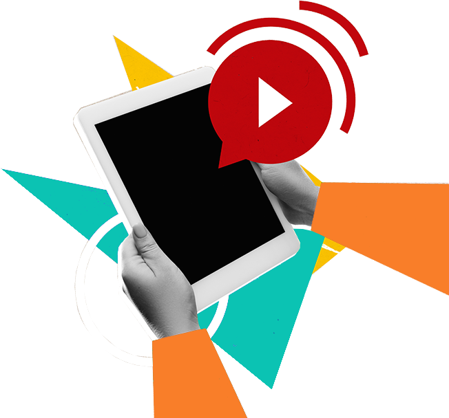 Hands holding a tablet with a play icon symbolising video marketing services.