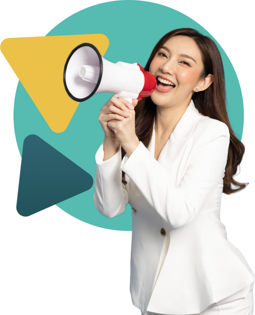 Professional woman in a white blazer holding a megaphone, representing the brand amplification services of a leading B2B marketing agency in Singapore.