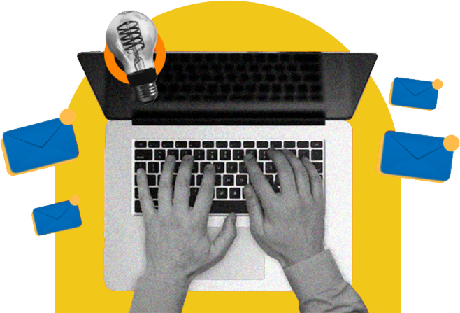 Hands typing on a laptop surrounded by creative icons, showcasing the B2B content creation process at IMPACT! Brand Communications, a leading copywriting agency in Singapore